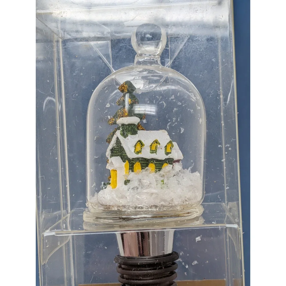 Pier 1 Snowy Scene Christmas Tree & House Snow Globe Bottle Stopper - New